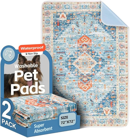 Washable Pee Pads for Dogs, 2 Pack Reusable Puppy Training Pads 72"x72" Super Absorbent Waterproof Dog Training Pads, Non-Slip Potty Pads, Whelping Pads Litter Mat Blue/Mix