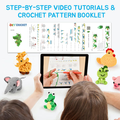 7SHAAARKS Crochet Kit for Beginners | Set of 6 Animal Crochet Kits with Yarn & Video Tutorials, Includes Frog, Crocodile, Rooster, Elephant, Yak & Piglet, Easy DIY Gift for Teens & Kids, Christmas