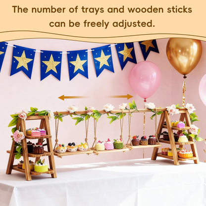 Wooden 3 Tier Cupcake Stand with Artificial Flower Vine Hanging Swing Trays Foldable & Removable Design for Birthday Wedding Catering Baby Shower Party