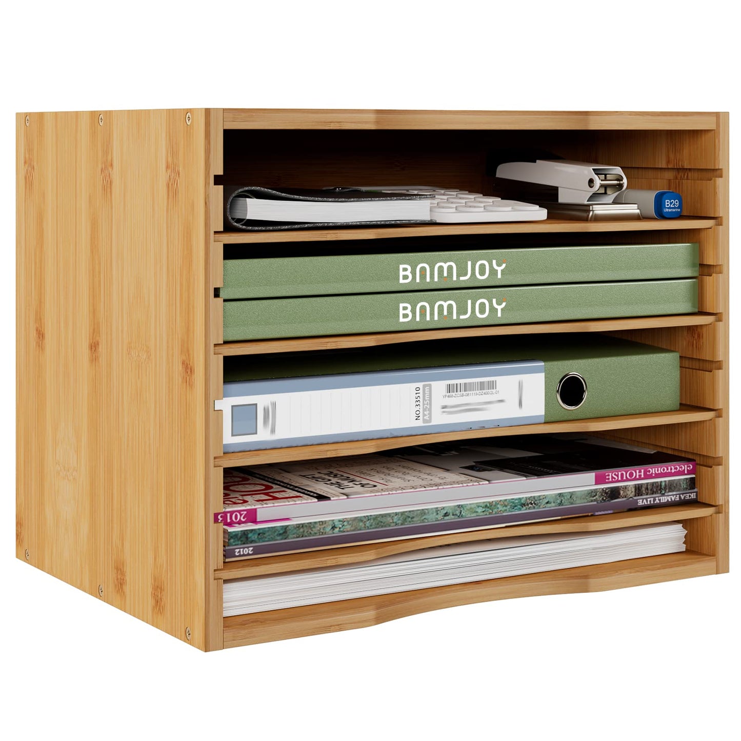 Bamjoy Bamboo 5 Tier Desktop Organizer, Paper Organizer Mail Sorter, File Holder Letter Document Storage with Adjustable Shelves for School Home Office, Natural