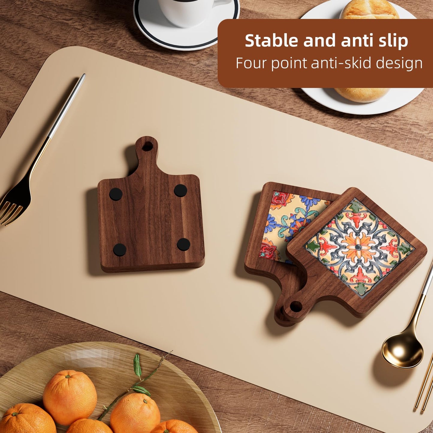 Wooden Trivets for Hot Dishes，3PCS Wooden Coasters with Organising Holder，Base is Also a Cell Phone Holder，Pot Holders for Kitchen，Trivets for Hot Pots and Pans，Hot Pad to Portect Your Countertop