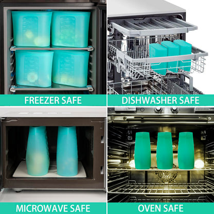 Reusable Food Bags, 12 Pack 100% Silicone Food Storage Bags Stand Up Zip Lock Container, Freezer Microwave Oven Dishwasher Safe, 4 Medium 4 Small 4 Extra Small, Aqua