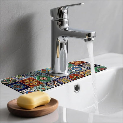 Kitchen Sink Splash Guard，Colorful Mexican tile Faucet Mat Sink Gadgets-Super
