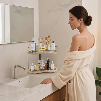 2-Tier Corner Bathroom Counter Organizer with Embedded Screw Holes, Secure & Stable Wood Vanity Shelf for Makeup and Skincare Essentials - Space Saving Bathroom Countertop Storage, ‎‎Light Walnut