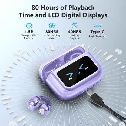 Open Ear Clip On Earbuds Intelligent Touch Color Screen Open Ear Wireless Bluetooth 5.4 Headphones Lightweight Comfort Sport Earbuds Built-in Mic IPX7 Waterproof Earphones for Running Fitness (Purple)