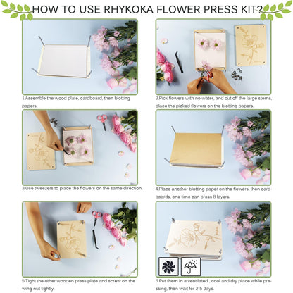 Rhykoka Professional Flower Press, 8 Layers 6.3x8.3 inch (16x21cm) Wooden Flower Press Kit/Flower Pressing for Adults, Great Gift for DIY Flowers Lovers (Wooden)