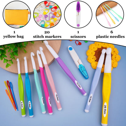 Hobekoee 36Pcs Crochet Hooks Set with Case,8 Sizes Ergonomic Crochet Hooks for Arthritic Hands,Long Crochet Needles 6mm-20mm Crochet for Weaving Blankets,Coaster,Bag
