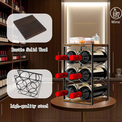 Dazioter Wood Countertop Wine Rack No Need Assembly 6 Bottles Black + Rustic Brown