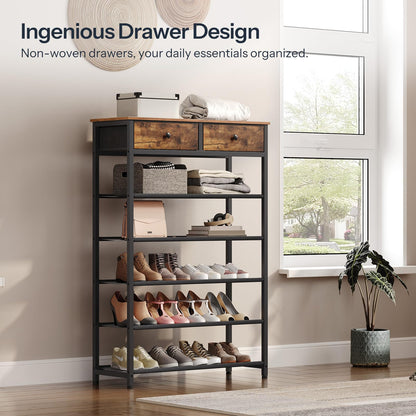 HOOBRO Shoe Rack, Shoe Storage Organizer with 2 Non-Woven Drawers, Shoe Shelf with Wooden Top, Closet, Rustic Brown BF12-79XJ01