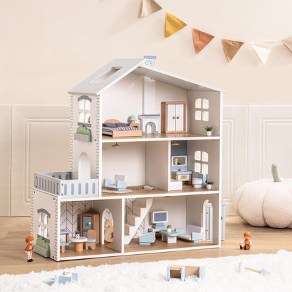 ROBUD Doll House, Wooden Dollhouse with 6 Rooms, 29-pcs Realistic Accessories, Dollhouse Playset for 4-6 Inch Dolls, Gifts for Kids & Toddlers, Nordic Style, Ages 3+