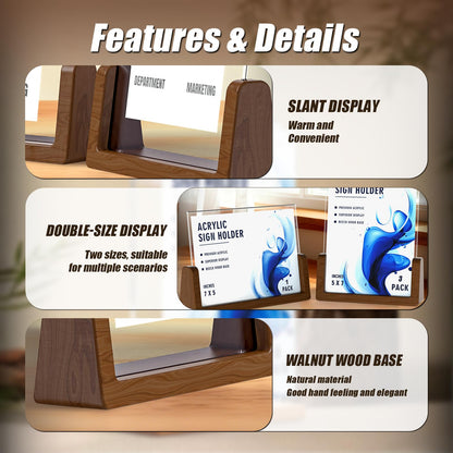 Walnut Wood U-Base 5"x7"Sign Holder Set – Premium U-Shaped Tabletop Display Stand with Clear Acrylic Panels,4Pack (3 Vertical + 1 Horizontal)5*7inches – Ideal for Photo, Menu, QR Code, Café, Home Décor