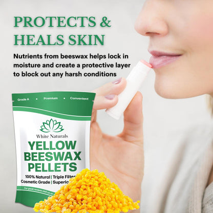 White Naturals Yellow Beeswax Pellets 1lb (16oz), Pure, Natural, Cosmetic Grade, Organic, Bees Wax Pastilles, Triple Filtered, Great For Candle Making, Soap, Food Wrap, DIY Lip Balms, Lotions
