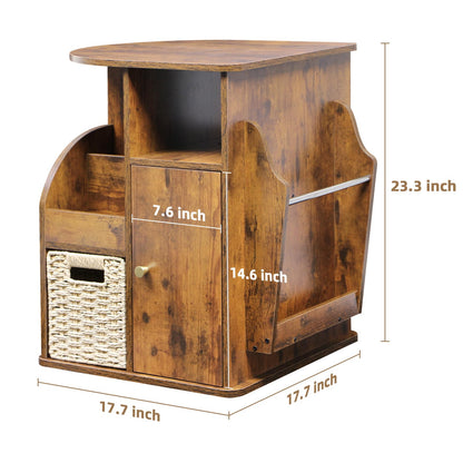 TooCust Rotating End Table with Storage, Swivel Side Table Living Room, Side Table with Magazine Holder, Basket and Cabinet, Sofa Side Farmhouse End Tables with Open Shelf (Rustic Brown)