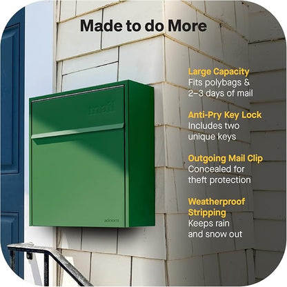 Adoorn Lockable Wall Mount Mailboxes for Outside - Large Anti-Theft Locking Mailbox for Letters - Weatherproof Construction - Durable Steel - 18.5" H x 15" L x 7.5" D - Forest Green