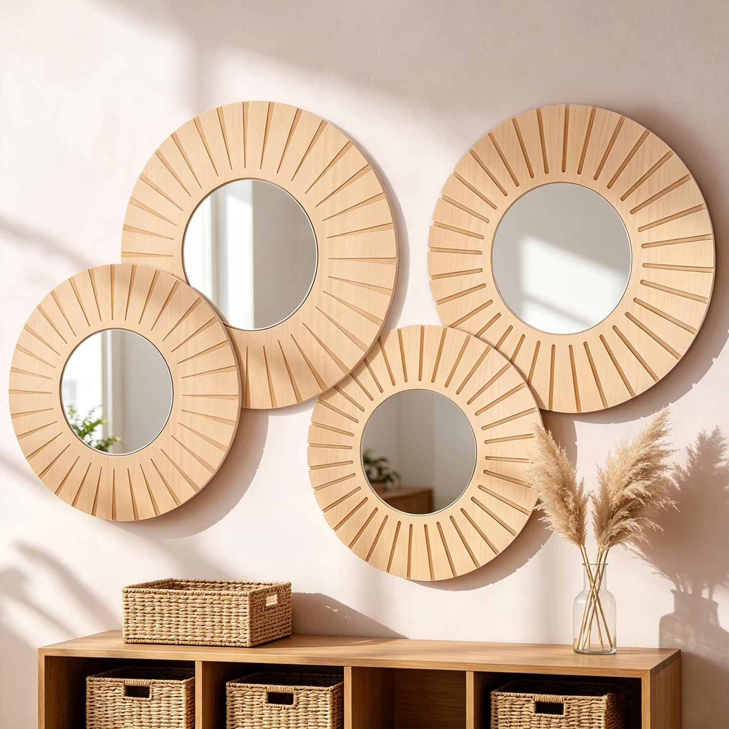 Yerliker 4 Pack Hanging Wooden Wall Art Decor, 12" 10" Wall Mounted Round Mirror with Wooden Frame, Rustic Farmhouse Boho Accent Home Decor Set for Bedroom Living Room Entryway Dining Room Nursery