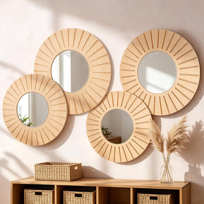 Yerliker 4 Pack Hanging Wooden Wall Art Decor, 12" 10" Wall Mounted Round Mirror with Wooden Frame, Rustic Farmhouse Boho Accent Home Decor Set for Bedroom Living Room Entryway Dining Room Nursery