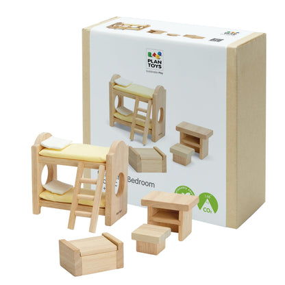 PlanToys® Wooden Children’s Room Classic Set for Montessori Small World Play | Creative Role Play and Social Interaction | Eco Friendly Wooden Dollhouse Bedroom Furniture for Imaginative Play