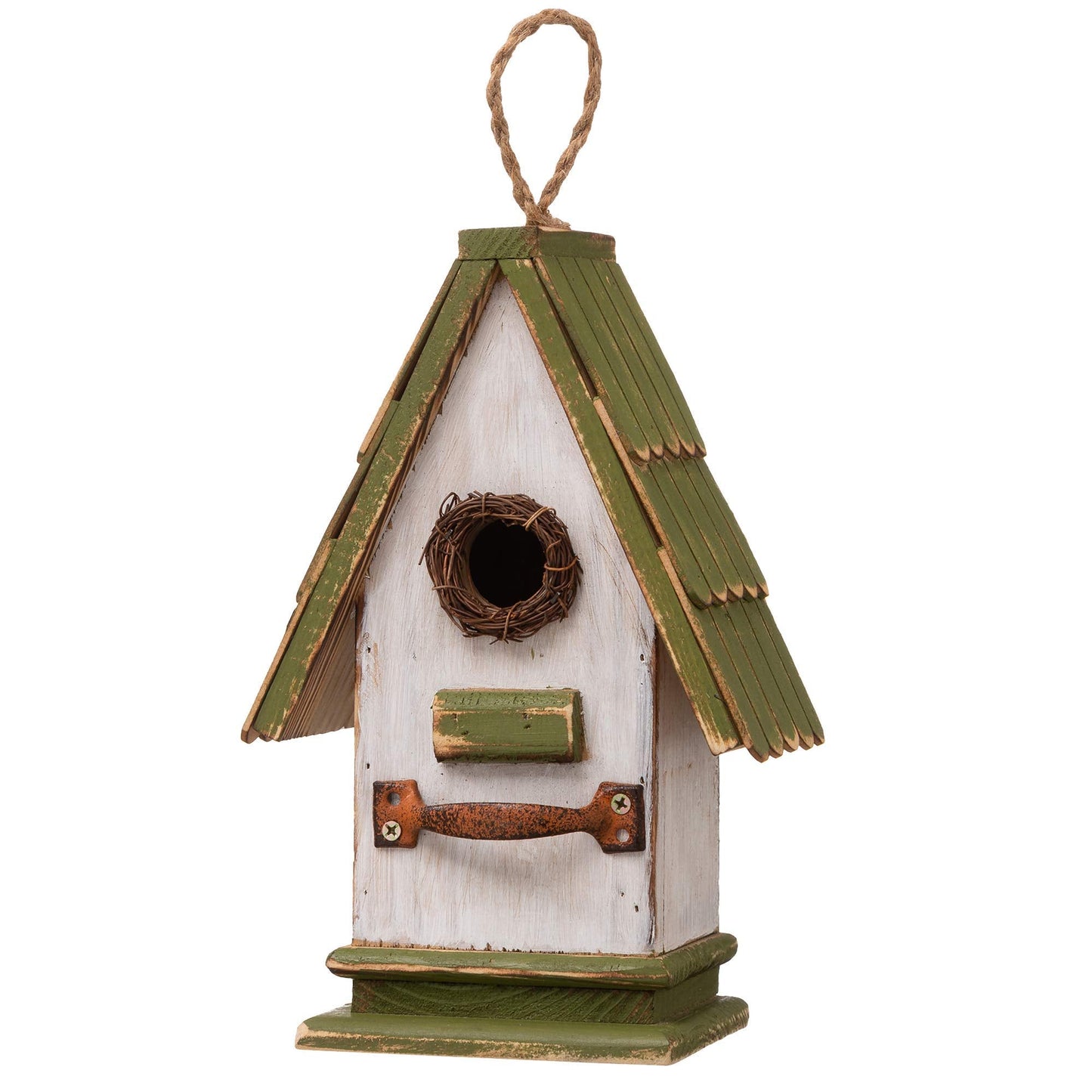 Glitzhome 10.25" L Hanging Birdhouse Green White Roof Wooden Garden Bird House for Outdoor
