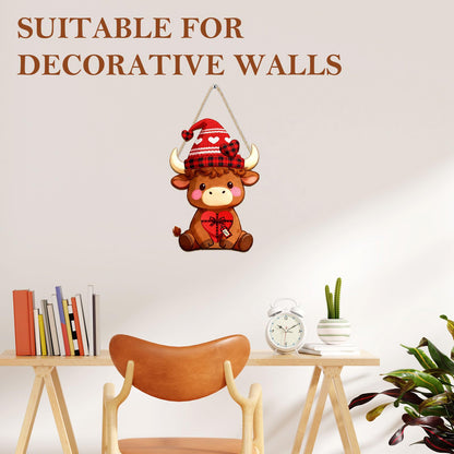 Interchangeable Wooden Highland Cow Decorations, Christmas Hanging Wall Door Decor, Holiday Seasonal Decor and Detachable Hats Welcome Sign, Farmhouse Hanging Sign for Front Door, 32 PCS