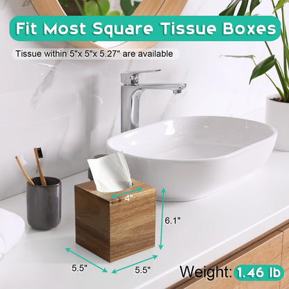 ALELION Tissue Box Cover Square - Acacia Wood Tissue Box Holder for Tabletop Night Stands Bathroom Office - Decorative Facial Cube Tissue Box Cover for Modern Farmhouse Decor