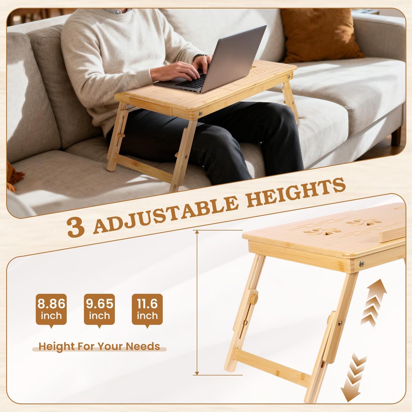 Bambition Bamboo Laptop Desk for Bed, Adjustable Height and Angle, Foldable Lap Desk with Cup Holder and Drawer, Portable Bed Table Tray for Writing Reading Drawing or Breakfast