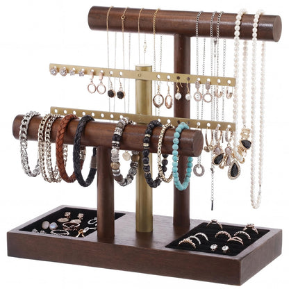 RattanView 3 Tier Bracelet Holder Display with Earring Holder Organizer T-bar Bangle Storage Rack Wooden Jewelry Organizer Stand Gifts for Bracelet Necklaces Earrings Rings Watches Storage Displays
