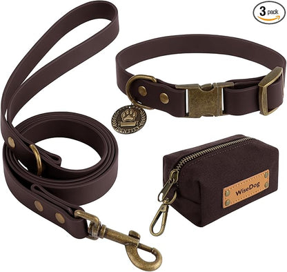 Wisedog Waterproof Dog Collar and Leash Set, XL, Brown | Adjustable Puppy Collar, Cute Tag, 6FT Dog Leash, Poop Bag Included, Small Medium Large Dogs