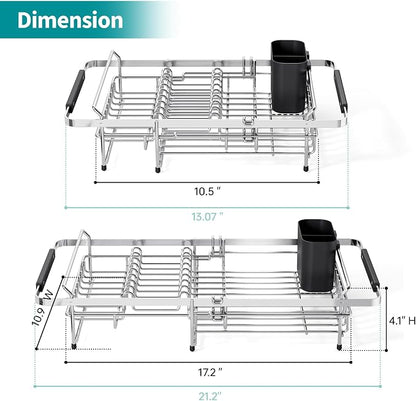 Urackify Expandable Stainless Steel in Sink Dish Drying Rack, Dish Rack Over Sink, Rustproof Dish Drainer for Kitchen Counter, Dish Strainer with Utensil Holder, Fit Sink for 13"-18", Silver