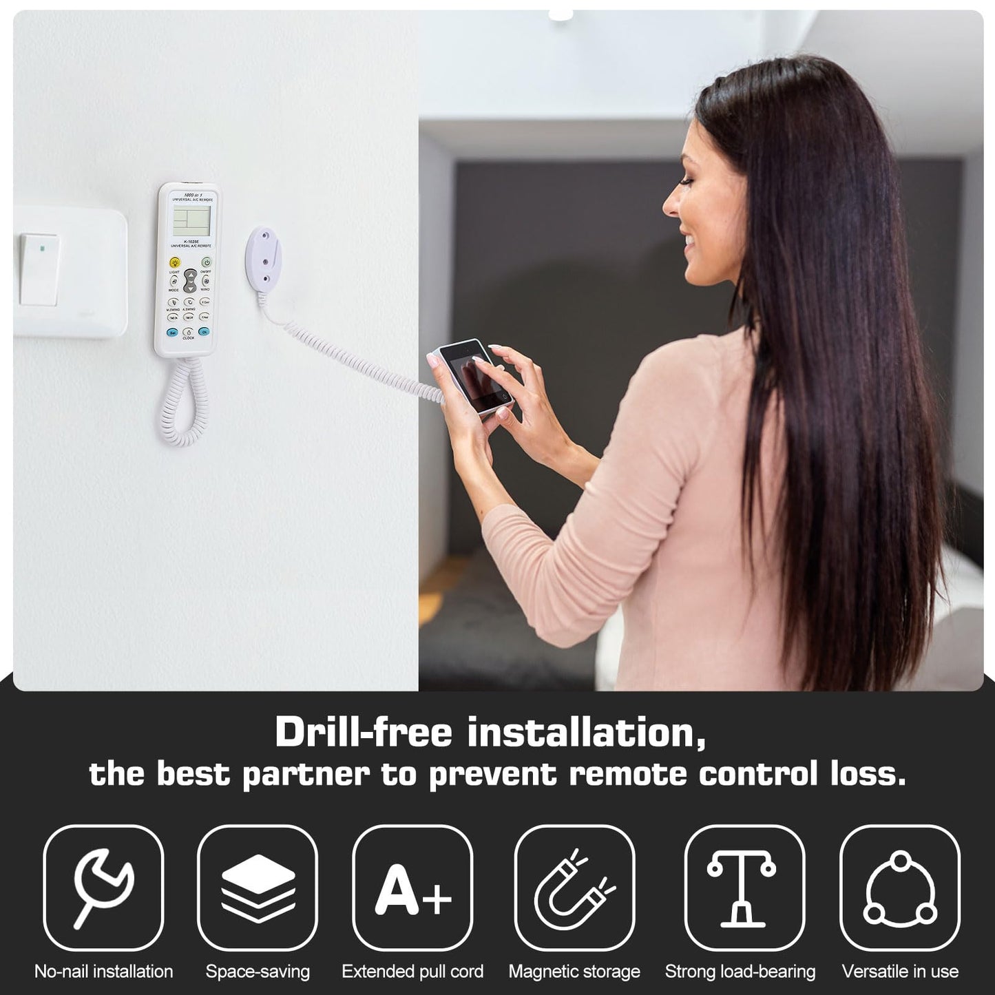 2-Pack Magnetic Remote Control Holders with Spring Ropes - Safely Secure Remotes & Small Items, Wall-Mount with Adhesive, Anti-Loss, Rapid Adsorption, Extendable Spring (Black 43 inch, 2 Pack)
