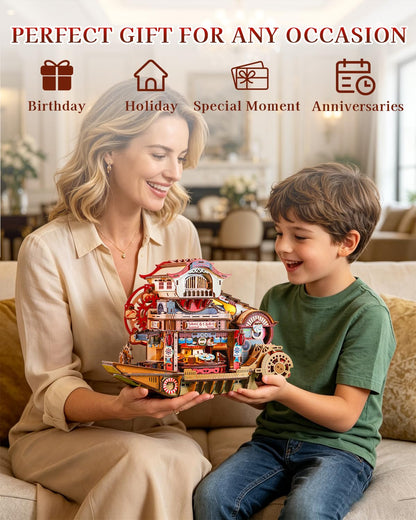 Nautical Sushi 3D Puzzles for Adults, 425PCS Wooden Mechanical Model Building Kit with Music and Lights, Miniature House Kit, Unique Home Decor Craft Gifts for Christmas Birthday