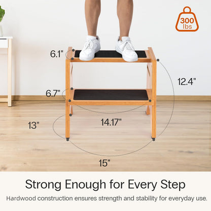 StrongTek Wooden Step Stool, 15" Dual Height Step Stools, Easy to Clean, Potty Training Stool with Handles, 300 lbs Capacity for Bathroom Sink, Kitchen, Bedroom