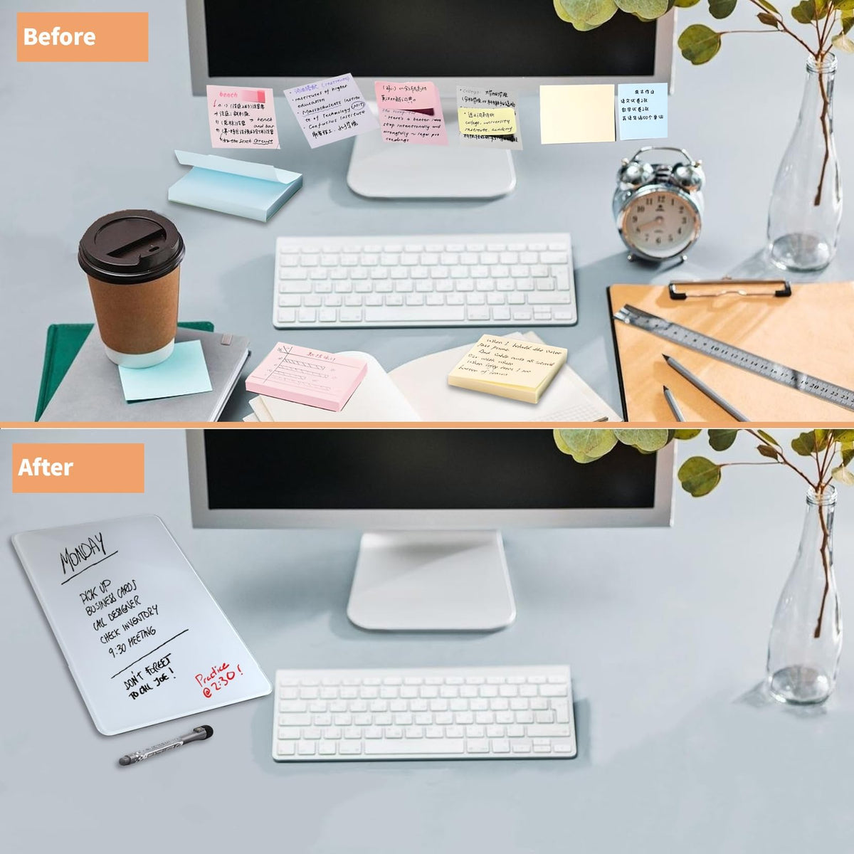 iNenya Glass White Board with Stand,Magnetic Mini Dry Erase Board for Desk,Small Desktop Whiteboard with Solid Wood Bracket