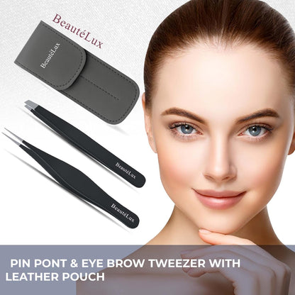BeautéLux Precision Tweezer Set – Slant & Pointed Tip Stainless Steel Eyebrow Tweezers with Leather Pouch, Professional Hair Removal for Ingrown Hair, Chin, Splinter & Blackhead