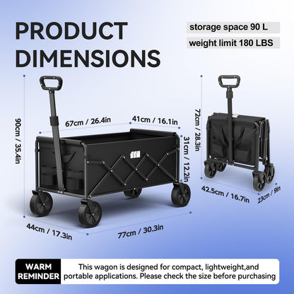 Collapsible Foldable Wagon, Foldig Wagon with Wheel Heavy Duty with 180lbs Weight Capacity Lightweight Utility Camping Cart for Groceries Garden Beach Sports Fishing (Black)