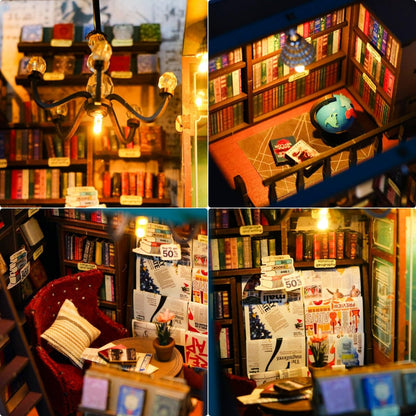 CRIOLPO DIY Book Nook Kit, Miniature House Model, Charming Bookshelf Scene, Wooden Dolls House, Bookshelf Miniature Scenes, for Hobbyists and Decor - Soul Bookstore
