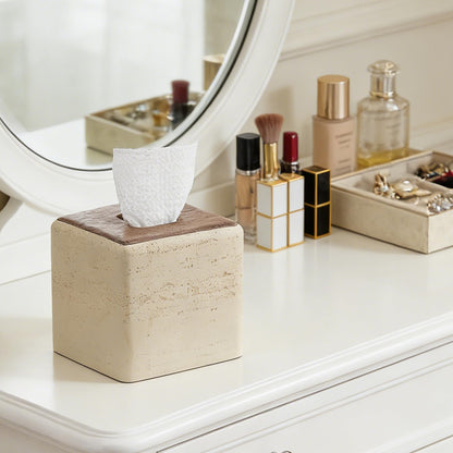 Natural Travertine & Wood Textures Tissue Box Cover Square for Home Decor,Resin Heavy Tissue Box Holder for Bathroom Countertop,Tabletop,Bedside Table,Office (Handmade of Resin)