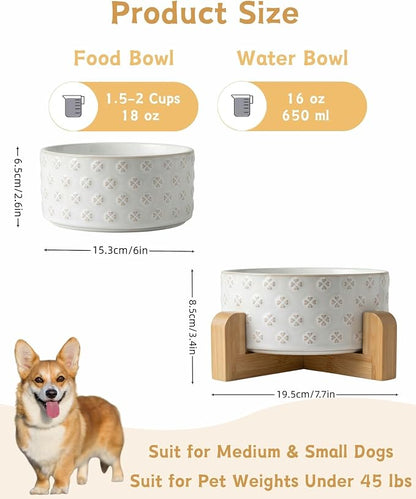 TRUVIC Ceramic Dog Bowl with Wood Stand, Jun Blanc Four-Leaf Clover Relief Dog Food and Water Bowl, 2 Cup/14 oz Puppy Food Bowl for Medium Dogs, Dishwasher Safe, Modern Geometric, Four-Leaf Clover
