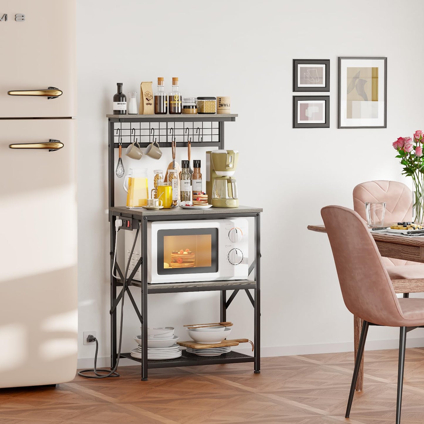 Furologee Kitchen Bakers Rack with Power Outlet, Microwave Oven Stand with Storage 4 Tiers, Coffee Bar Table with 6 S Hooks, Kitchen Storage Shelf Rack for Spices, Pots, Rustic Brown