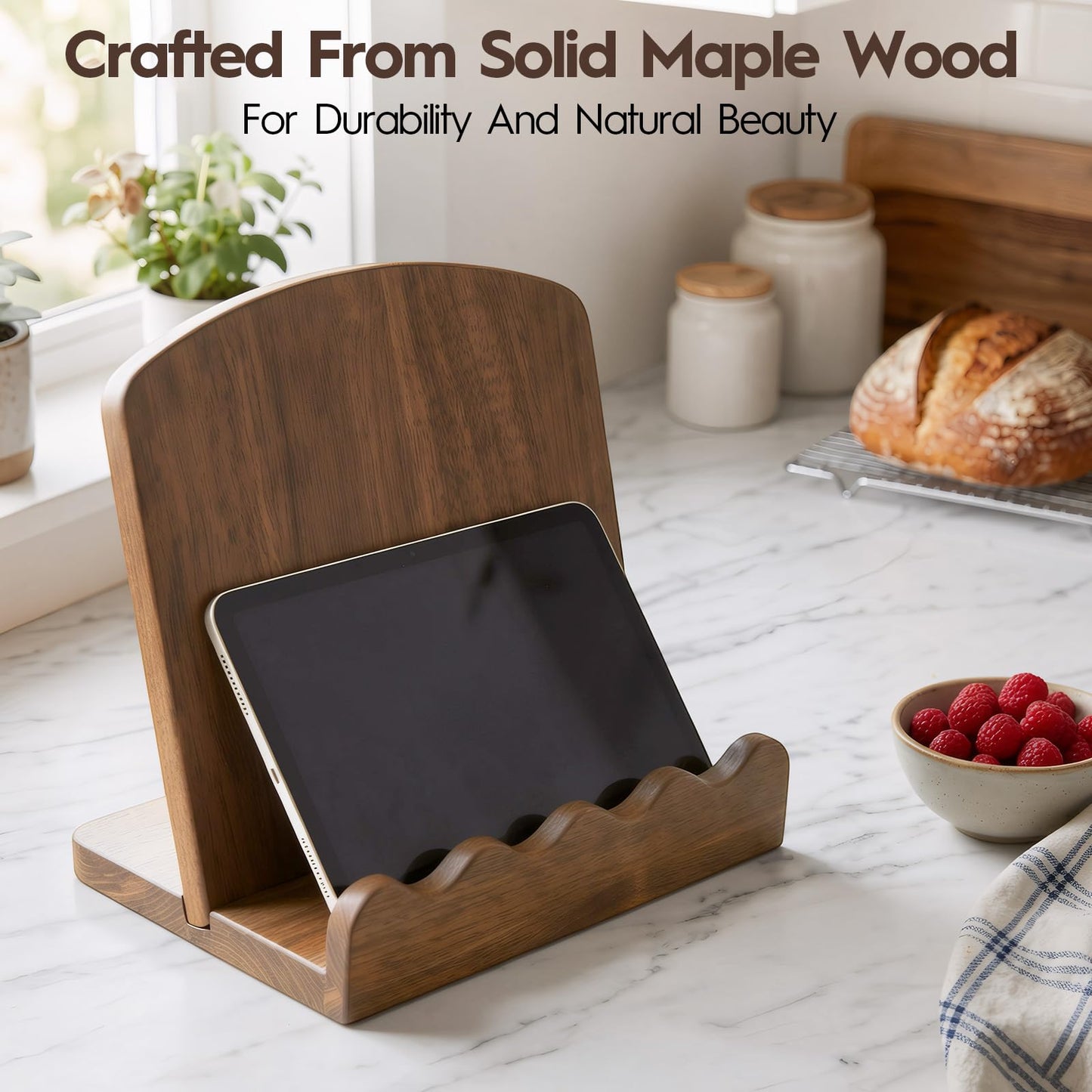 Scalloped Wooden Cookbook Stand for Kitchen Counter,2 in 1 Recipe Book Holder,Charcuterie Board & Kitchen Serving Tray,Durable Cook Book Holder Stand Easily Keeps Cook or Recipe Books Open