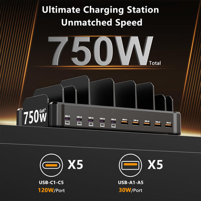 750W Charging Station for Multiple Devices, Zobirez 10-Port Fast Charger, 5 USB-C 120W Each and 5 USB-A 30W Each, Desktop Charging Hub for Laptop Phone Tablet, Black