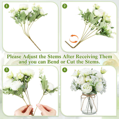 Zeyune 12 Sets Mason Jar Centerpiece Table Decorations, Artificial Peony Baby's Breath Flower Bouquets, Faux Flowers with Vase, Rustic Decor Gifts for Home, Wedding, Holiday (Green)