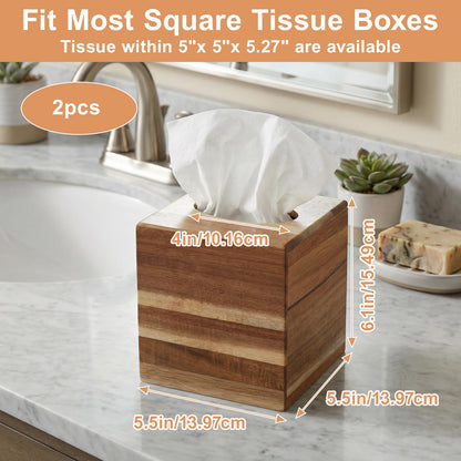 Giloaou 2-Pack Tissue Box Cover, Square Tissue Box Holder Wood Paper Holder for Bathroom Office Living Room, Modern Farmhouse Decor (5.5 x 5.5 x 6.1 inch)