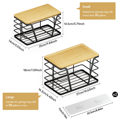 TIDIIABODE 2 Pack Stackable Storage Laundry Kitchen Organizers, Wall Mount Trash Bag Holder with Bamboo Top and Garbage Bag Dispenser No Drill