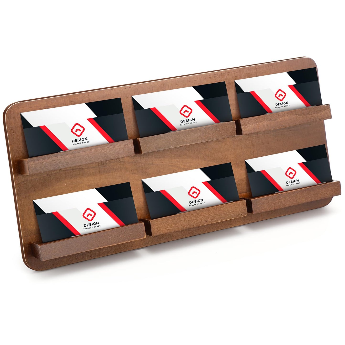 Leinuosen 2 Tie Wood Business Card Holder for Desk 6 Slot Wooden Business Card Display Stand Multiple 2 Tie Detachable Organizer for Desktop Office Home Exhibition Meeting (13 x 6.3 Inch)