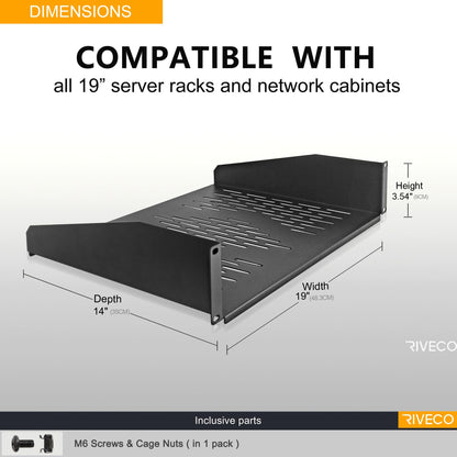 RIVECO 19” 2U Rack Shelf Server Cabinet Mount Vented Cantilever Tray for Network Equipment, 14 Inches 35 CM Depth, Black