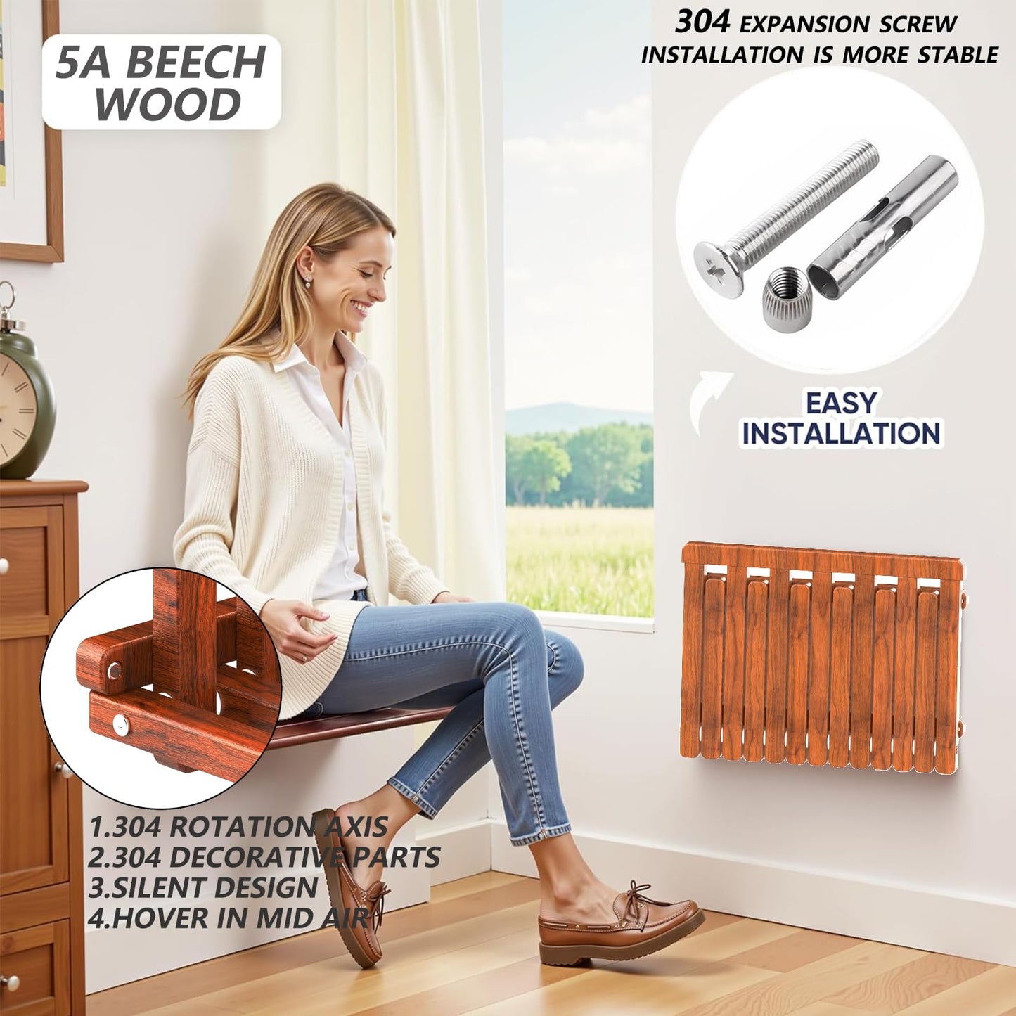The folding stool is made of beech wood and can withstand 400 pounds. The surface is coated with Walnut paint and polished. Used for changing shoes, showering, folding bedside table(Walnut paint)