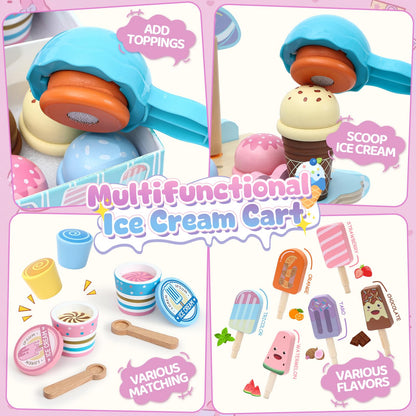 Atoylink Wooden Ice Cream Toys for Kids Pretend Play Food Toys with Scoop & Menu & Fake Money, Ice Cream Cart Play Store Toys for Toddlers Girls 3 4 5 6 Year Old Gift