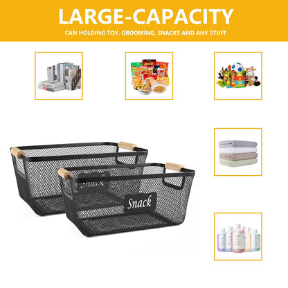 Xbopetda Snack Organizer for Pantry Shelf, 2 Pack Metal Mesh Snack Baskets with Wooden Handles, Snack Bin for Snack Bar Station, Kitchen Cabinet Pantry Organizers and Storage