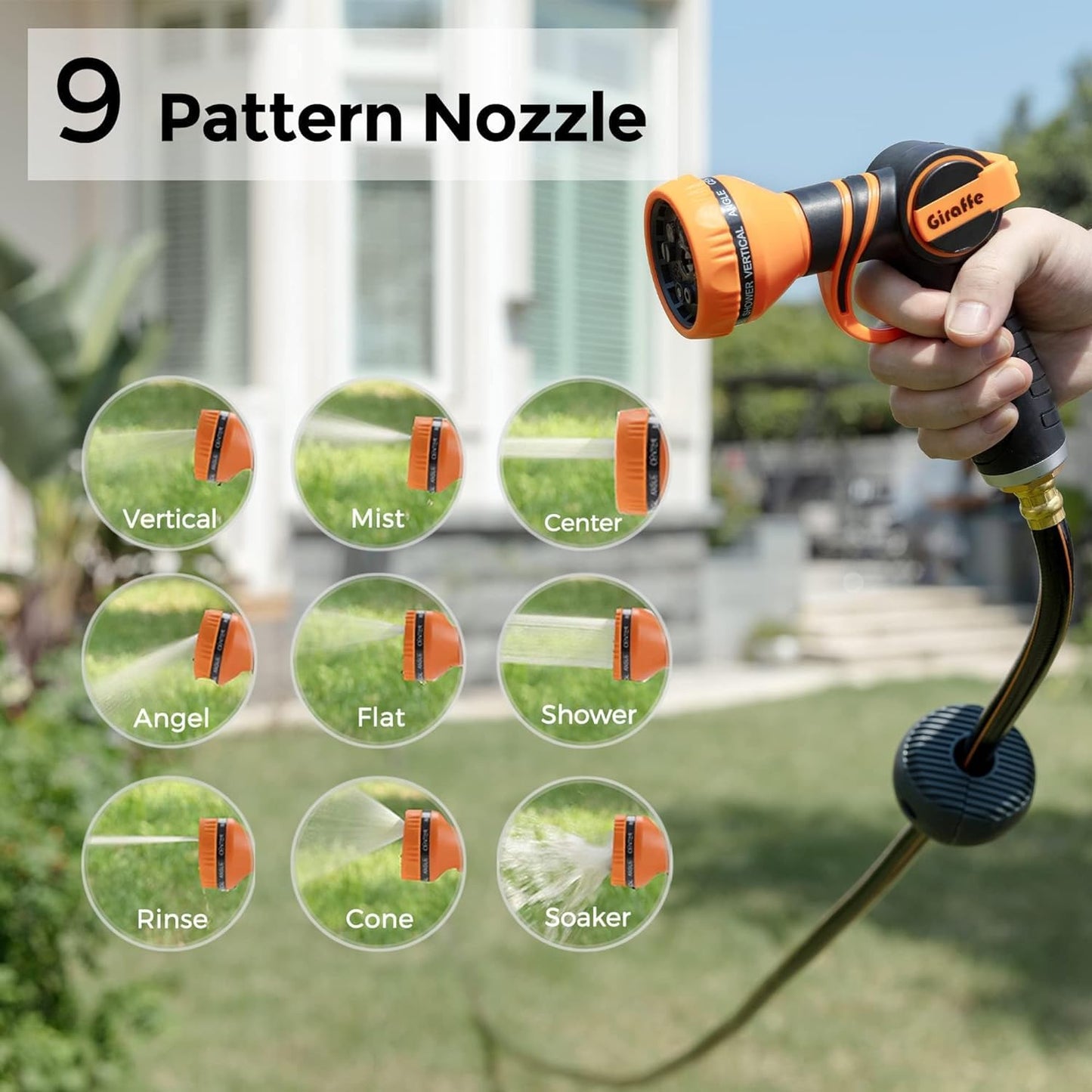 Giraffe Tools Retractable Garden Hose Reel, 5/8 in x 90 ft Heavy Duty Hose Reel With 9 Pattern Nozzle, Any Length Lock, Wall Mount Water Hose Reel, 180°Swivel, Light Grey