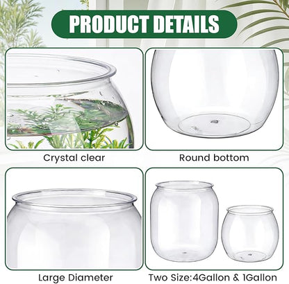 2 Pcs 4 Gallon & 1 Gallon Plastic Fish Bowl Large Round Clear Betta Aquarium Fish Tank Shatterproof Goldfish Bowl Hydroponic Planter Multi-use Container for Terrarium Flower Vase Centerpiece